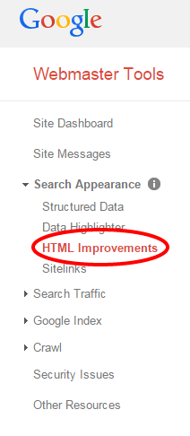 Screenshot of the HTML Improvements Location in the Google Webmaster Tools navigation.